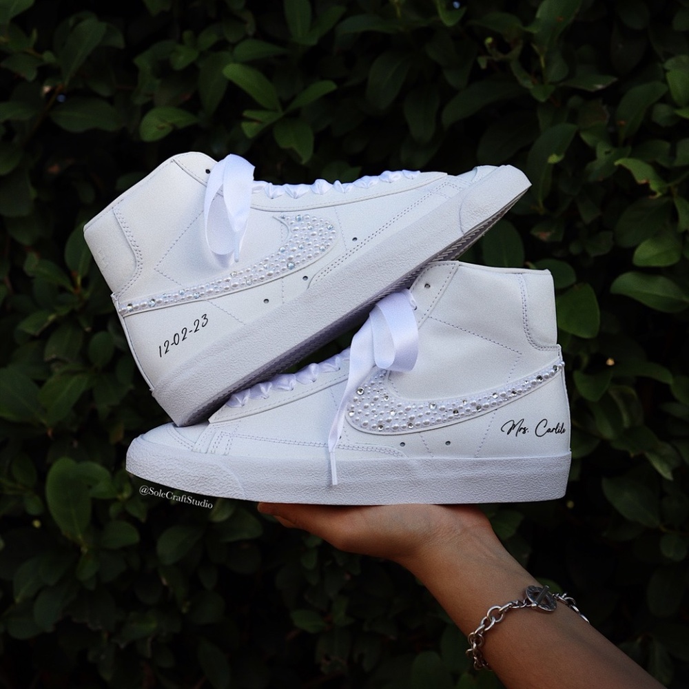 Wedding Sneakers for Bride Personalized Nike Blaze Mid with Rhinestones & Pearls